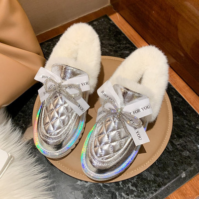 Μπότες χιονιού 2020 Χειμώνας Νέα επίπεδη φιόγκο με κρύσταλλα μόδα Κορεατικές εκδόσεις Κάλυμμα ποδιών Φοιτητικά βαμβακερά παπούτσια Maomao