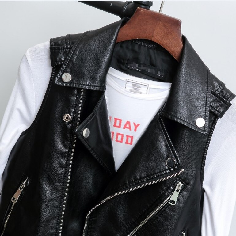 Sieviešu melna ādas veste 2022. gada modes rāvējslēdzējs Pu ādas jakas, sieviešu motociklu jaka, veste, veste XZ747