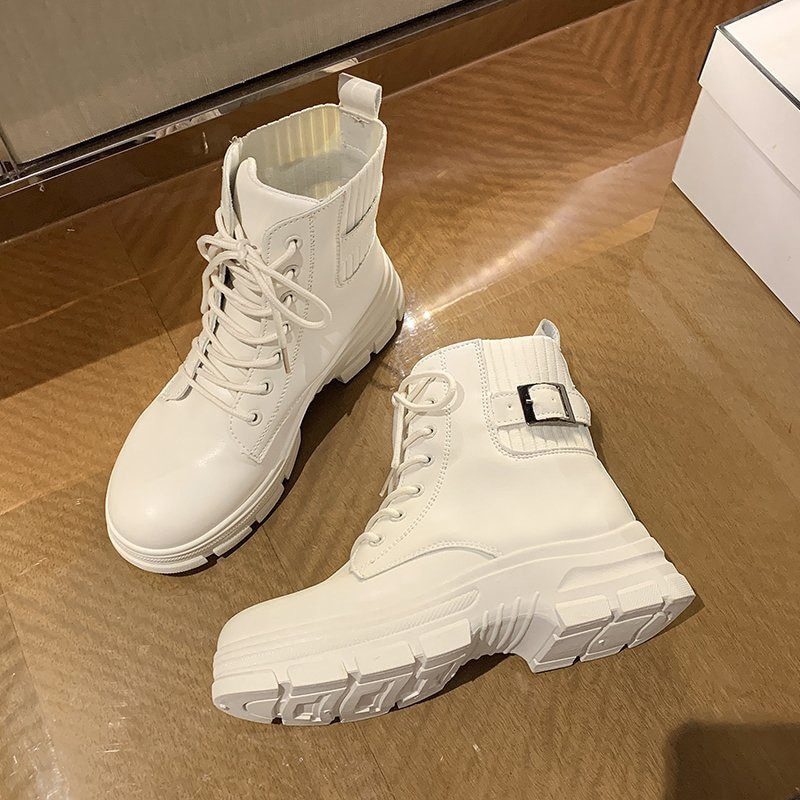 Jauni sieviešu balti puszābaki PU ādas biezas zoles zābaki Sieviešu rudens ziemas platformas apavi Gumijas kovboju zābaki