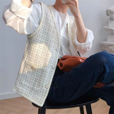 Chic jakna bez rukava, modna jakna s jednorednim kopčanjem, uski korejski jednobojni kaput, proljeće, jesen, vintage prsluk od tvida s V-izrezom, ženski prsluk