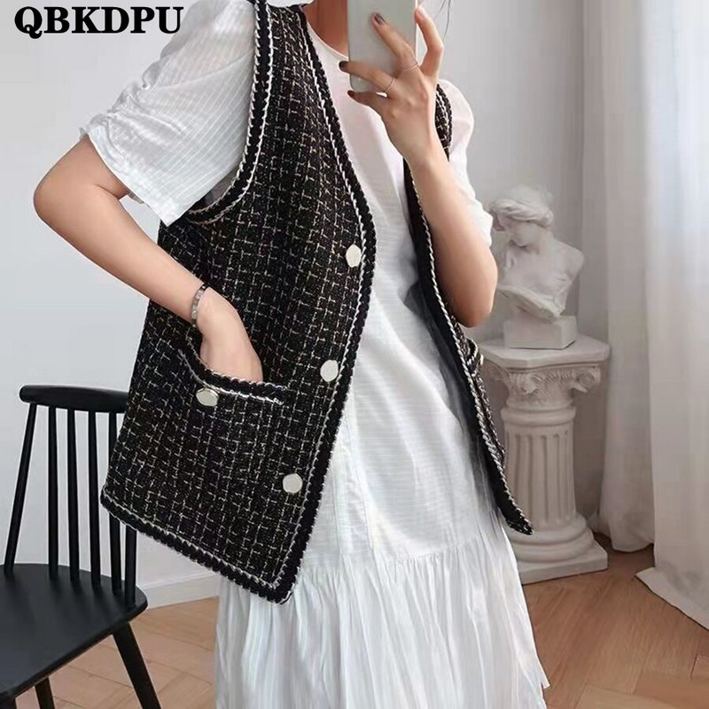 Chic jakna bez rukava, modna jakna s jednorednim kopčanjem, uski korejski jednobojni kaput, proljeće, jesen, vintage prsluk od tvida s V-izrezom, ženski prsluk