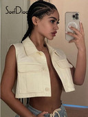 Soefdioo Apricot Džinsu jaka Veste 2022. gada vasara Sieviešu apģērbi Modes Bezpiedurknēm Atloks ar Vienrindu Crop Top Sexy Streetwear