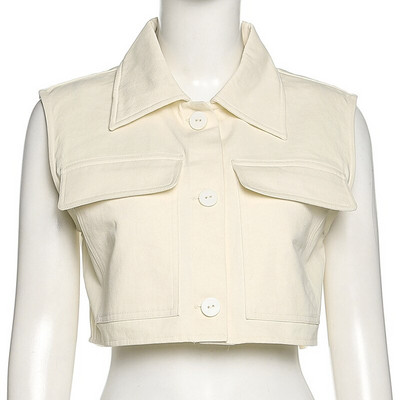 Soefdioo Apricot Džinsu jaka Veste 2022. gada vasara Sieviešu apģērbi Modes Bezpiedurknēm Atloks ar Vienrindu Crop Top Sexy Streetwear