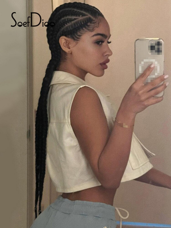 Soefdioo Apricot Džinsu jaka Veste 2022. gada vasara Sieviešu apģērbi Modes Bezpiedurknēm Atloks ar Vienrindu Crop Top Sexy Streetwear