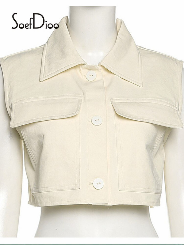 Soefdioo Apricot Džinsu jaka Veste 2022. gada vasara Sieviešu apģērbi Modes Bezpiedurknēm Atloks ar Vienrindu Crop Top Sexy Streetwear