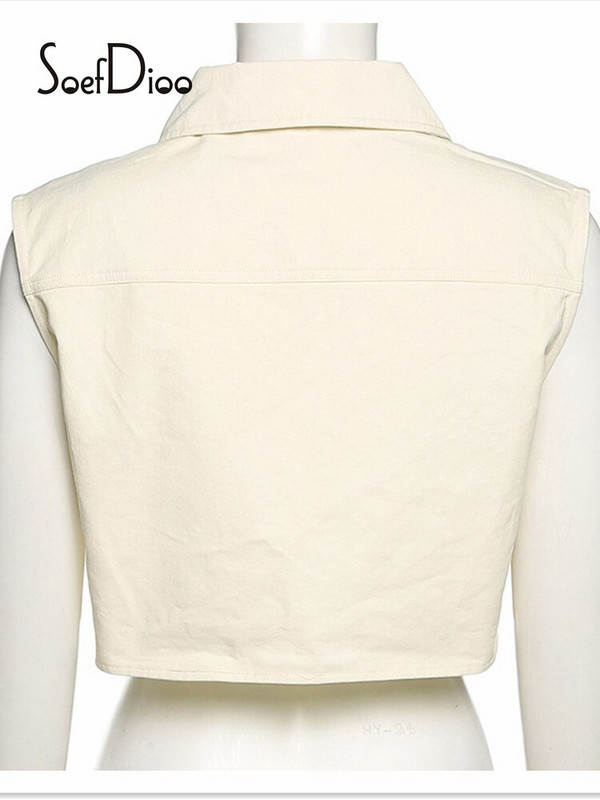 Soefdioo Apricot Džinsu jaka Veste 2022. gada vasara Sieviešu apģērbi Modes Bezpiedurknēm Atloks ar Vienrindu Crop Top Sexy Streetwear