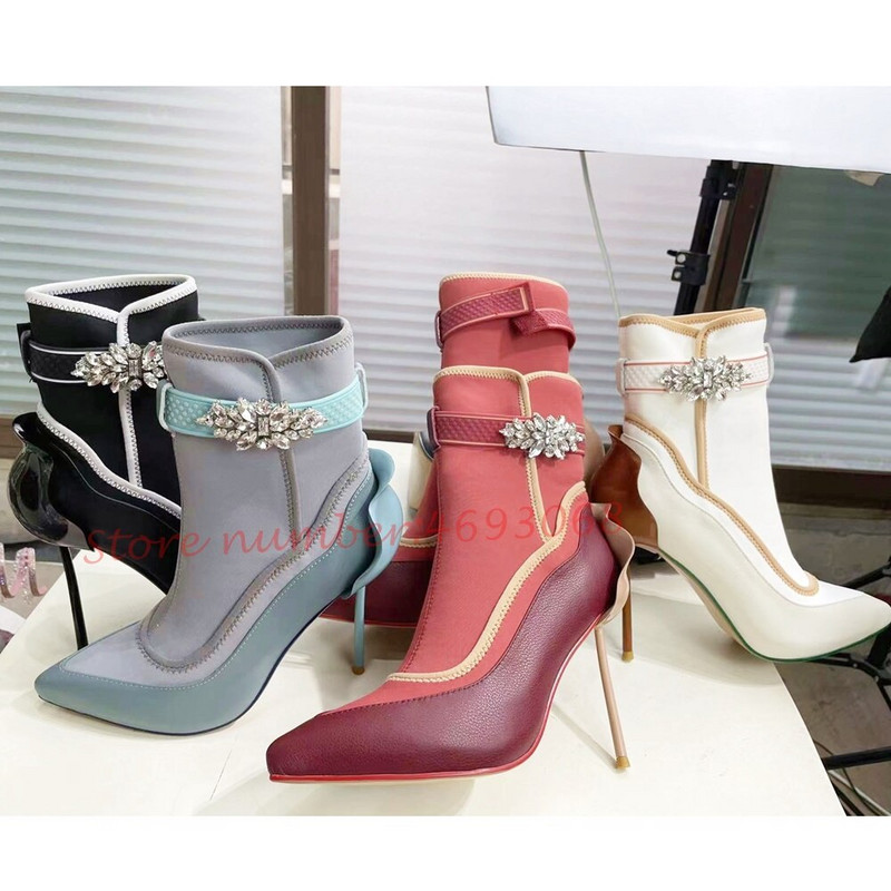 Patchwork čizme s laticama na potpeticu Crystal Flower Antilop Koža Spajanje 2022. Najnovije salonke na visoku petu Dizajnerske tanke potpetice za žene
