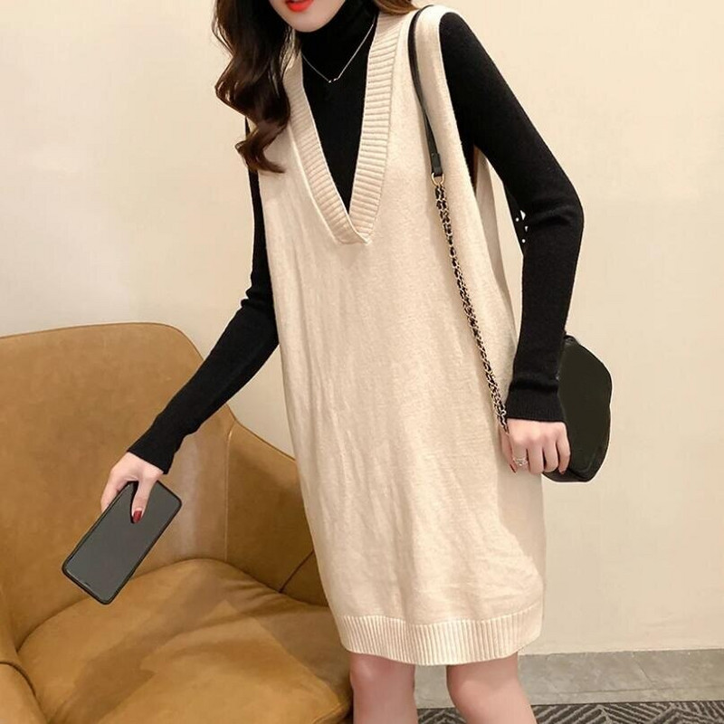 Rudens ziemas bezpiedurkņu trikotāžas kleita Sieviešu veste Kleita Sieviešu garās veste Sieviešu puloveri Sieviešu virsdrēbes Pull Femme