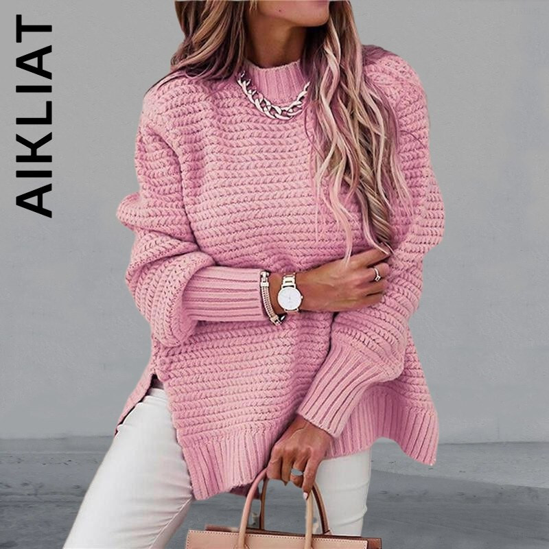 Aikliat Γυναικείο πουλόβερ Νέο πλεκτό Basic Casual γυναικείο πουλόβερ 2023 με λαιμόκοψη Ζεστά γυναικεία πουλόβερ Φαρδιά φθηνά μπλουζάκια Γυναικεία