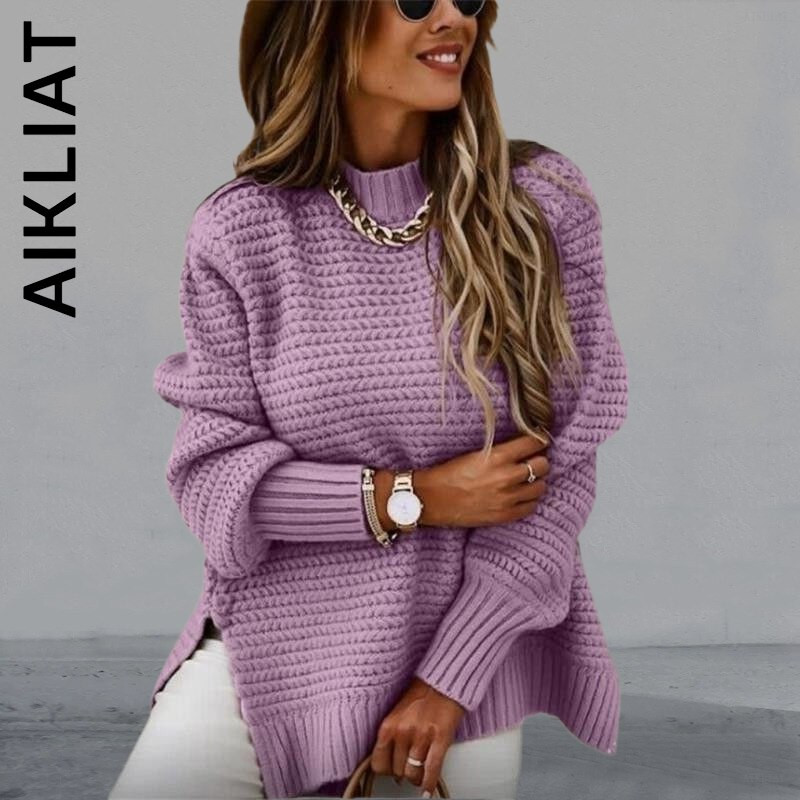 Aikliat Γυναικείο πουλόβερ Νέο πλεκτό Basic Casual γυναικείο πουλόβερ 2023 με λαιμόκοψη Ζεστά γυναικεία πουλόβερ Φαρδιά φθηνά μπλουζάκια Γυναικεία