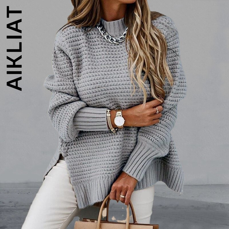 Aikliat Γυναικείο πουλόβερ Νέο πλεκτό Basic Casual γυναικείο πουλόβερ 2023 με λαιμόκοψη Ζεστά γυναικεία πουλόβερ Φαρδιά φθηνά μπλουζάκια Γυναικεία