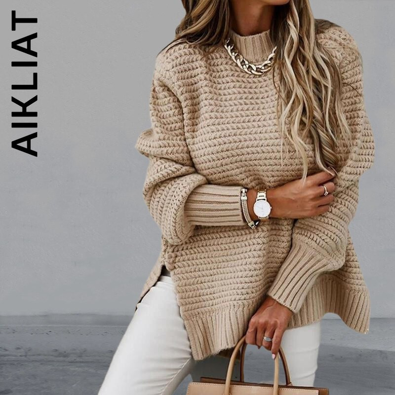 Aikliat Γυναικείο πουλόβερ Νέο πλεκτό Basic Casual γυναικείο πουλόβερ 2023 με λαιμόκοψη Ζεστά γυναικεία πουλόβερ Φαρδιά φθηνά μπλουζάκια Γυναικεία