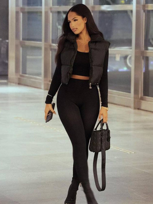 FQLWL Zimski kaput Okraćene jakne za žene 2022. Ulična odjeća Bez rukava, dolčevita s patentnim zatvaračem Crno-bijela pufer vesta Ležerne majice