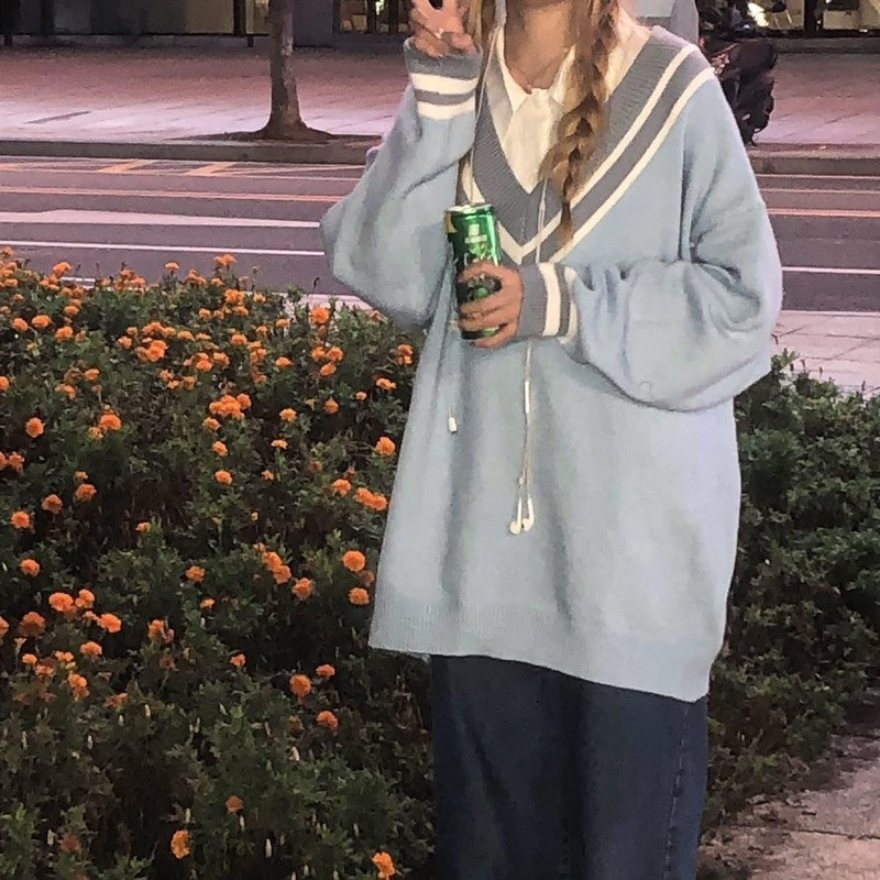 Deeptown Kawaii Cute Rabbit Blue džemperis sievietēm Preppy Fashion Oversize Japāņu stilā Sweet School Girly Džemperis Sieviešu korejiešu