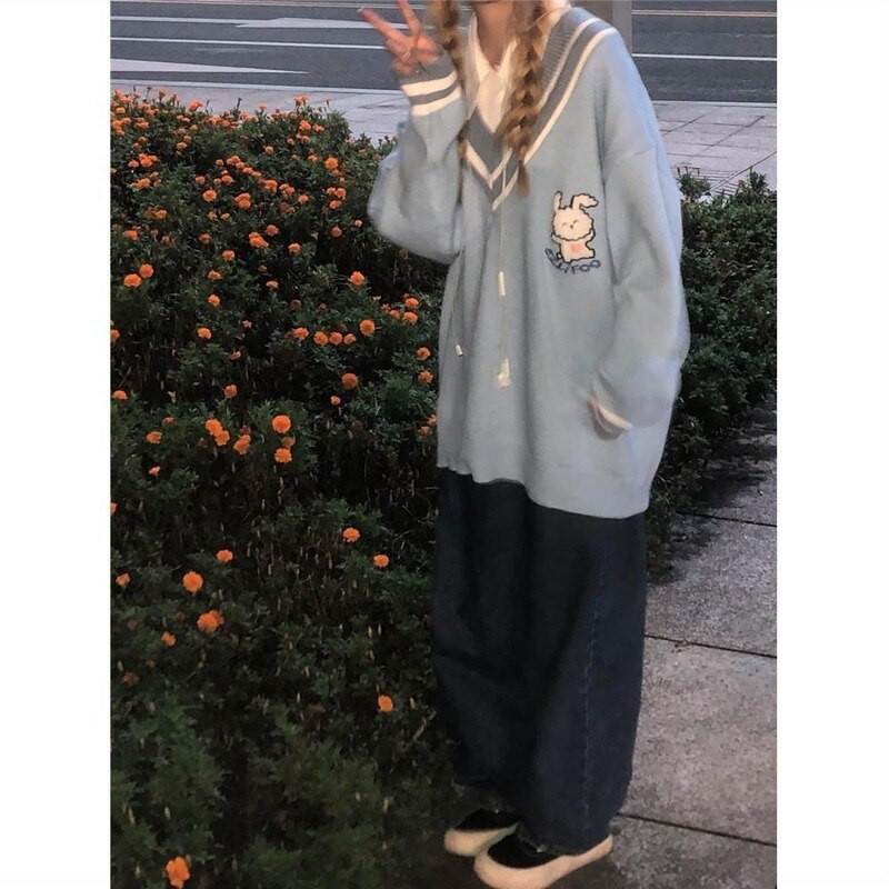 Deeptown Kawaii Cute Rabbit Blue džemperis sievietēm Preppy Fashion Oversize Japāņu stilā Sweet School Girly Džemperis Sieviešu korejiešu