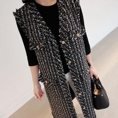 LANMREM, cu decolteu în V, negru, cu un singur piept, vestă elegantă din tweed, model în carouri de toamnă, vestă completă în stil coreean pentru femei 2A986