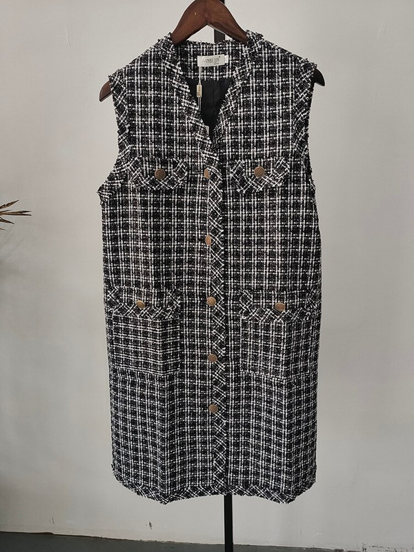 LANMREM, cu decolteu în V, negru, cu un singur piept, vestă elegantă din tweed, model în carouri de toamnă, vestă completă în stil coreean pentru femei 2A986