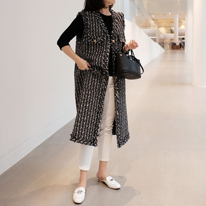 LANMREM, cu decolteu în V, negru, cu un singur piept, vestă elegantă din tweed, model în carouri de toamnă, vestă completă în stil coreean pentru femei 2A986