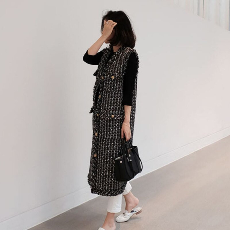 LANMREM, cu decolteu în V, negru, cu un singur piept, vestă elegantă din tweed, model în carouri de toamnă, vestă completă în stil coreean pentru femei 2A986