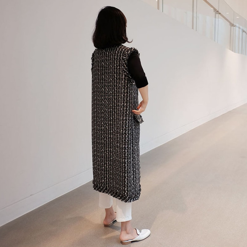 LANMREM, cu decolteu în V, negru, cu un singur piept, vestă elegantă din tweed, model în carouri de toamnă, vestă completă în stil coreean pentru femei 2A986