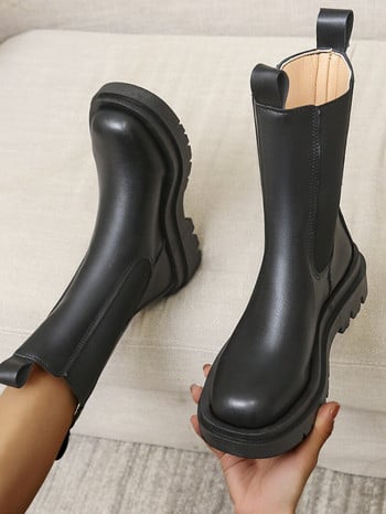 Chelsea Boots Chunky Boots Γυναικεία χειμερινά παπούτσια PU Δερμάτινα βελούδινα μποτάκια αστράγαλο Μαύρα γυναικεία φθινοπωρινά μποτάκια πλατφόρμας μόδας