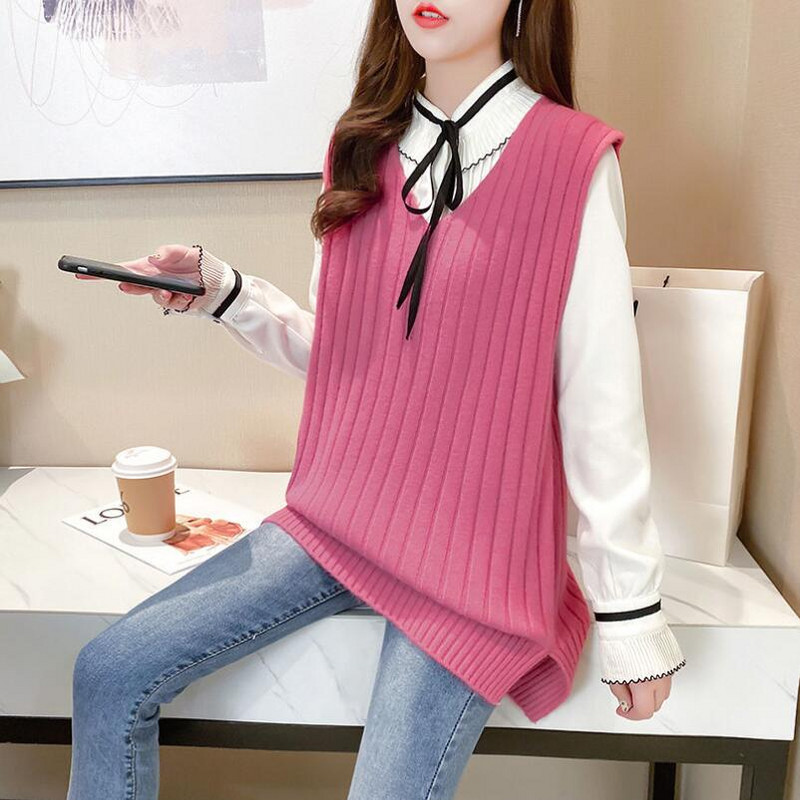 Sieviešu trikotāžas džemperi bezpiedurkņu topi Sieviešu veste Sieviešu puloveri Pusaudžu skolnieku meiteņu veste, velkama sieviete