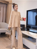 Jesen Zima Novi široki set pulovera s visokim ovratnikom i podebljanim džemperom Ženske hlače širokih nogavica Pleteni dvodijelni set Ženski dvodijelni kompleti