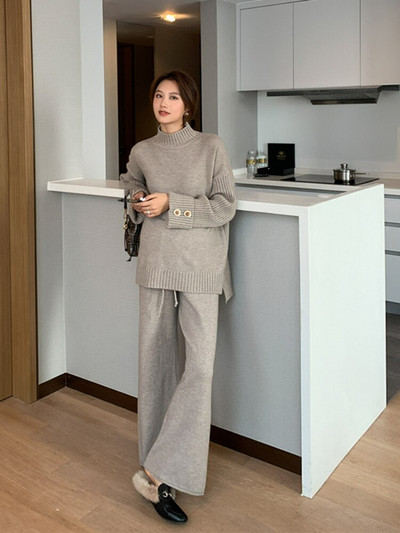 Jesen Zima Novi široki set pulovera s visokim ovratnikom i podebljanim džemperom Ženske hlače širokih nogavica Pleteni dvodijelni set Ženski dvodijelni kompleti