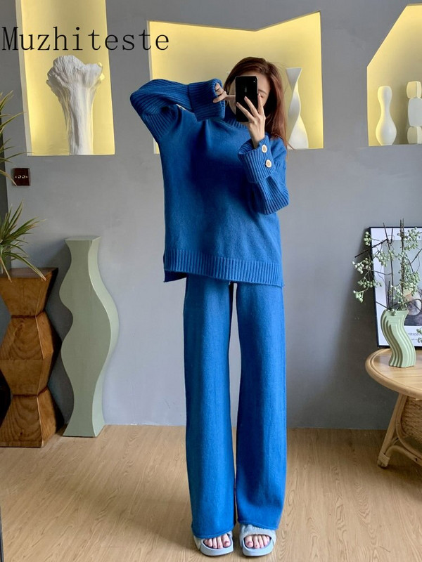 Jesen Zima Novi široki set pulovera s visokim ovratnikom i podebljanim džemperom Ženske hlače širokih nogavica Pleteni dvodijelni set Ženski dvodijelni kompleti