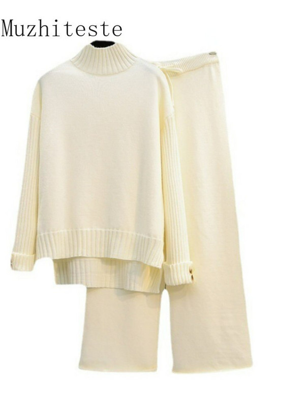 Jesen Zima Novi široki set pulovera s visokim ovratnikom i podebljanim džemperom Ženske hlače širokih nogavica Pleteni dvodijelni set Ženski dvodijelni kompleti