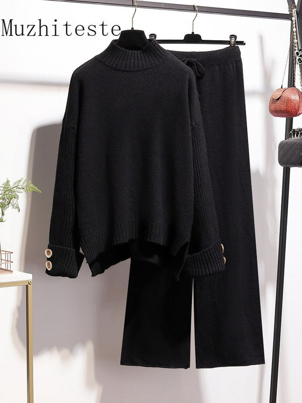 Jesen Zima Novi široki set pulovera s visokim ovratnikom i podebljanim džemperom Ženske hlače širokih nogavica Pleteni dvodijelni set Ženski dvodijelni kompleti