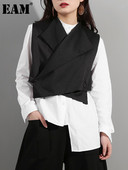 [EAM] Ženski široki crni križni zavoj Nepravilni prsluk Novi V-ovratnik bez rukava Fashion Tide Proljeće Jesen 2022. WD81201