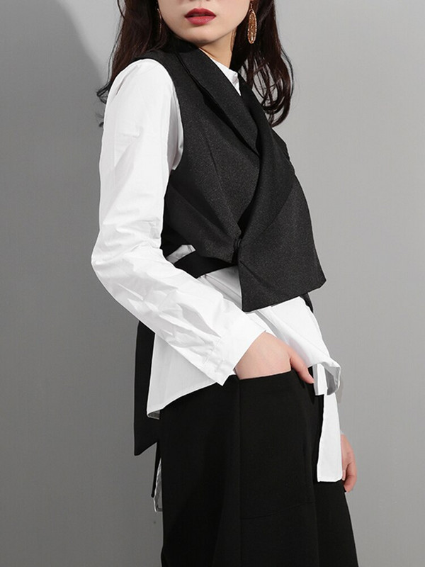 [EAM] Ženski široki crni križni zavoj Nepravilni prsluk Novi V-ovratnik bez rukava Fashion Tide Proljeće Jesen 2022. WD81201