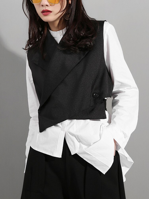 [EAM] Ženski široki crni križni zavoj Nepravilni prsluk Novi V-ovratnik bez rukava Fashion Tide Proljeće Jesen 2022. WD81201