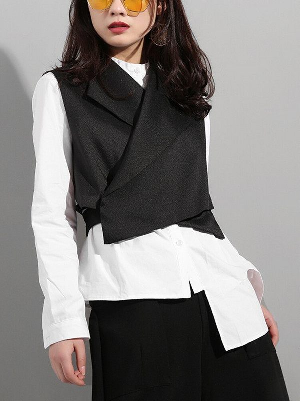 [EAM] Ženski široki crni križni zavoj Nepravilni prsluk Novi V-ovratnik bez rukava Fashion Tide Proljeće Jesen 2022. WD81201