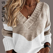 C.New S sieviešu džemperis Jauns trikotāžas mīksts lēts sieviešu džemperis Brīvi džemperi Eleganti sieviešu džemperis V veida kakla vintage topi sievietēm