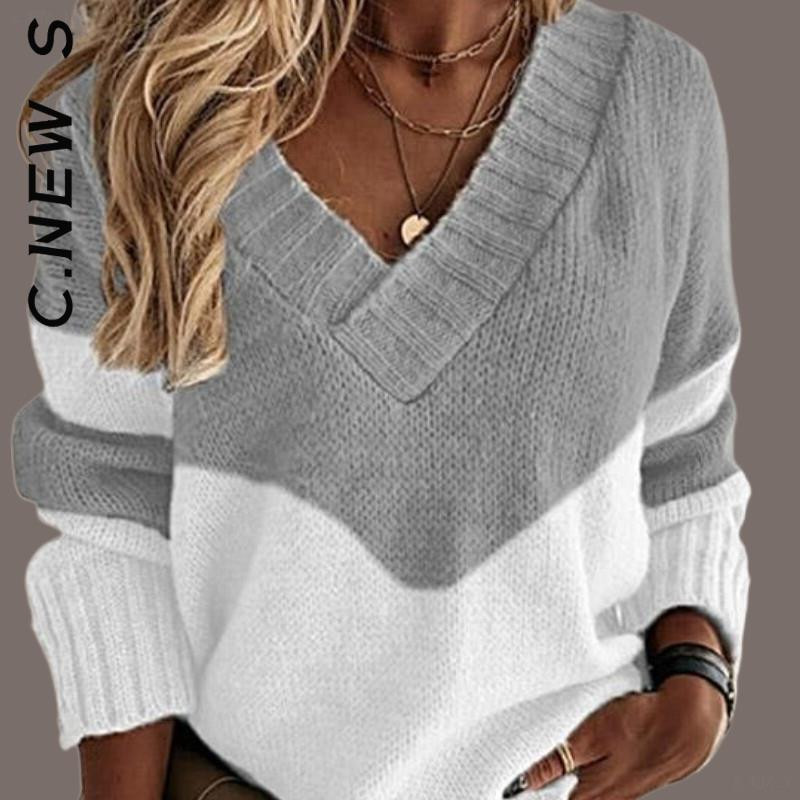 C.New S sieviešu džemperis Jauns trikotāžas mīksts lēts sieviešu džemperis Brīvi džemperi Eleganti sieviešu džemperis V veida kakla vintage topi sievietēm