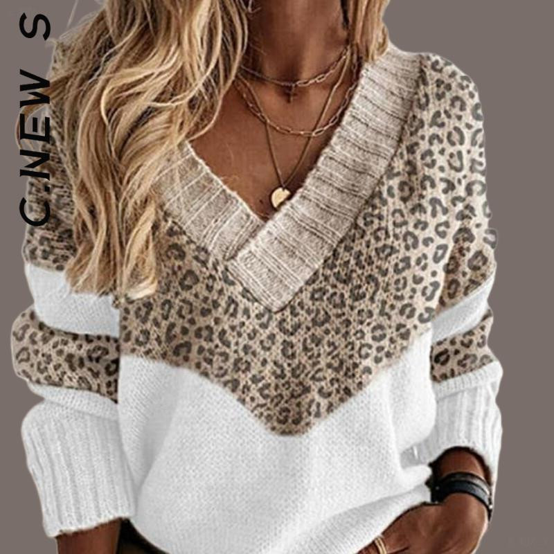 C.New S sieviešu džemperis Jauns trikotāžas mīksts lēts sieviešu džemperis Brīvi džemperi Eleganti sieviešu džemperis V veida kakla vintage topi sievietēm