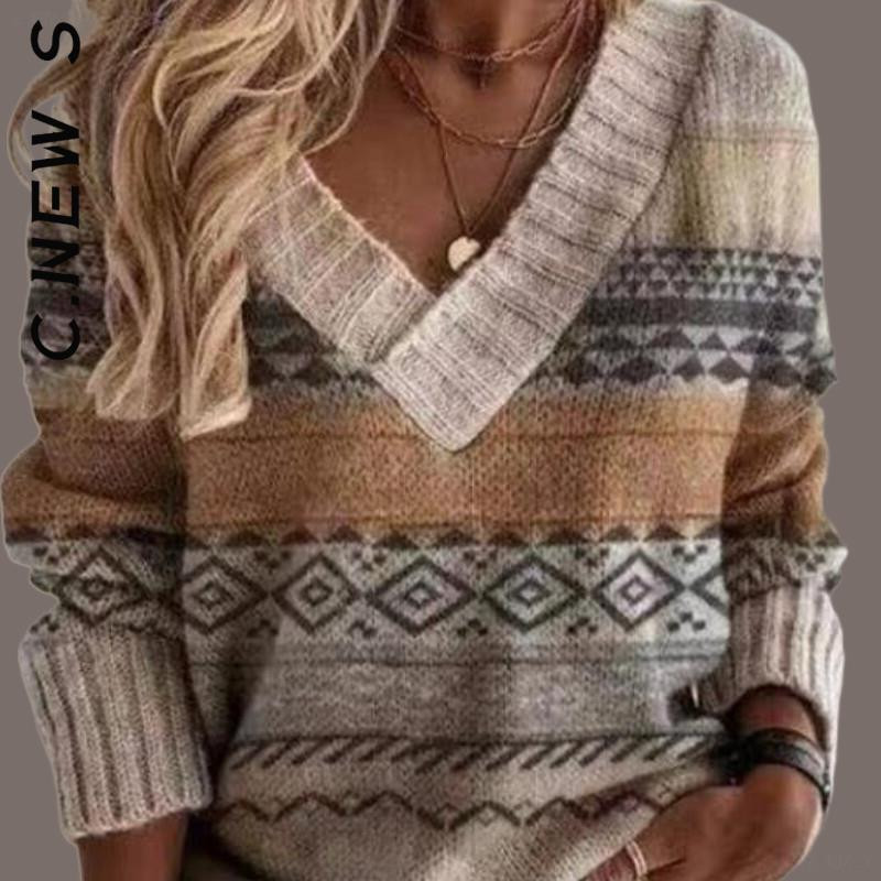 C.New S sieviešu džemperis Jauns trikotāžas mīksts lēts sieviešu džemperis Brīvi džemperi Eleganti sieviešu džemperis V veida kakla vintage topi sievietēm