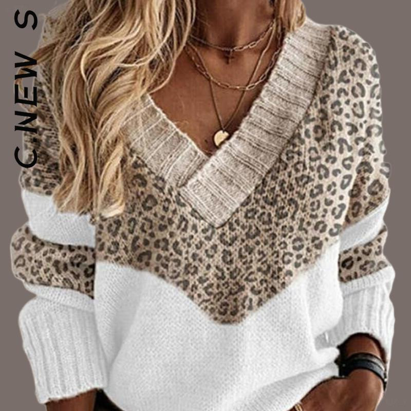 C.New S sieviešu džemperis Jauns trikotāžas mīksts lēts sieviešu džemperis Brīvi džemperi Eleganti sieviešu džemperis V veida kakla vintage topi sievietēm