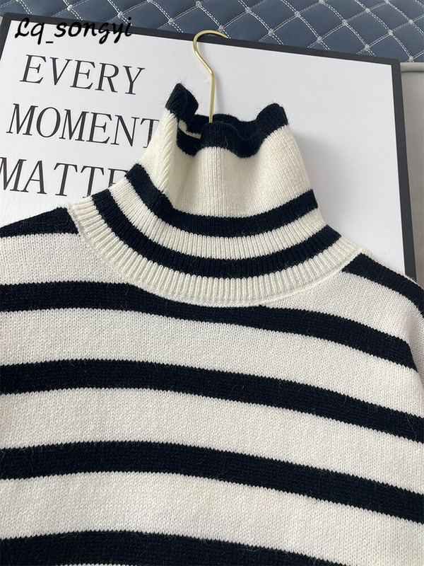 Γυναικείο πουλόβερ με ζιβάγκο 2022 Νέο φθινοπωρινό, χειμερινό πλεκτό πουλόβερ Vintage flare μανίκι, ριγέ πουλόβερ Lq_songyi LQ15