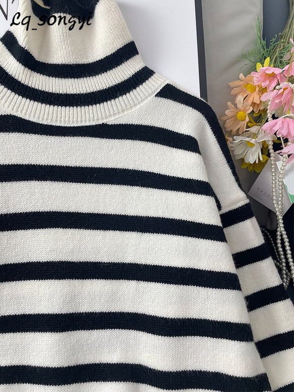 Γυναικείο πουλόβερ με ζιβάγκο 2022 Νέο φθινοπωρινό, χειμερινό πλεκτό πουλόβερ Vintage flare μανίκι, ριγέ πουλόβερ Lq_songyi LQ15