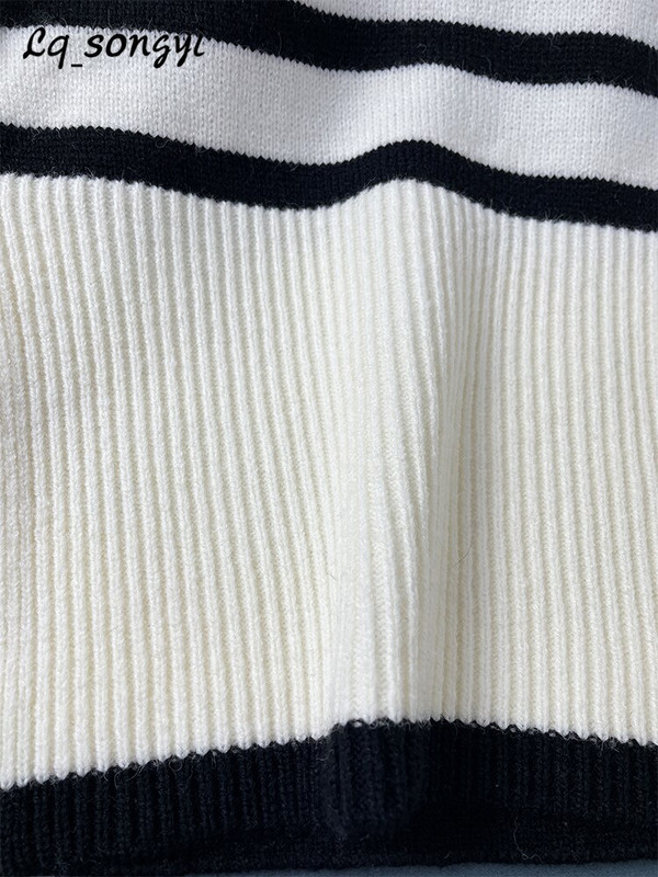 Γυναικείο πουλόβερ με ζιβάγκο 2022 Νέο φθινοπωρινό, χειμερινό πλεκτό πουλόβερ Vintage flare μανίκι, ριγέ πουλόβερ Lq_songyi LQ15
