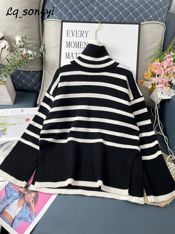 Γυναικείο πουλόβερ με ζιβάγκο 2022 Νέο φθινοπωρινό, χειμερινό πλεκτό πουλόβερ Vintage flare μανίκι, ριγέ πουλόβερ Lq_songyi LQ15