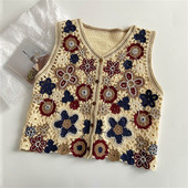 Sieviešu V-veida kakla izgriezums ar vienrindu izšuvumu trikotāžas džemperis veste īsa veste bez piedurknēm jaka Boho vintage Outwear Crop Top