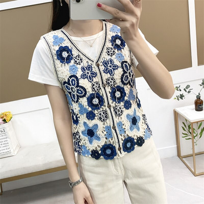 Sieviešu V-veida kakla izgriezums ar vienrindu izšuvumu trikotāžas džemperis veste īsa veste bez piedurknēm jaka Boho vintage Outwear Crop Top