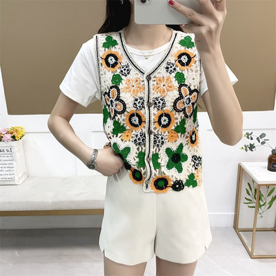 Sieviešu V-veida kakla izgriezums ar vienrindu izšuvumu trikotāžas džemperis veste īsa veste bez piedurknēm jaka Boho vintage Outwear Crop Top