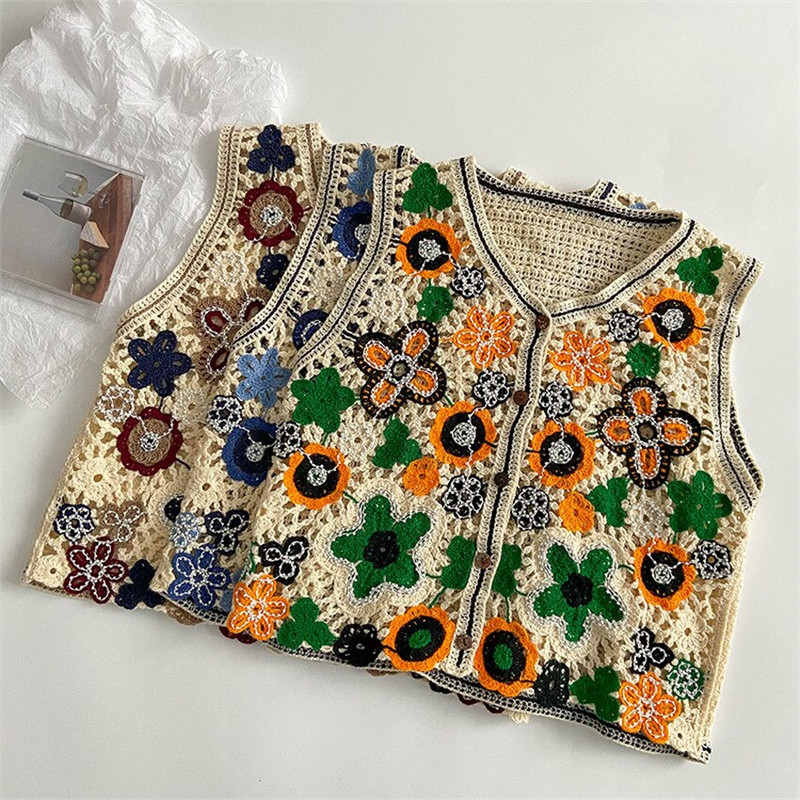 Sieviešu V-veida kakla izgriezums ar vienrindu izšuvumu trikotāžas džemperis veste īsa veste bez piedurknēm jaka Boho vintage Outwear Crop Top