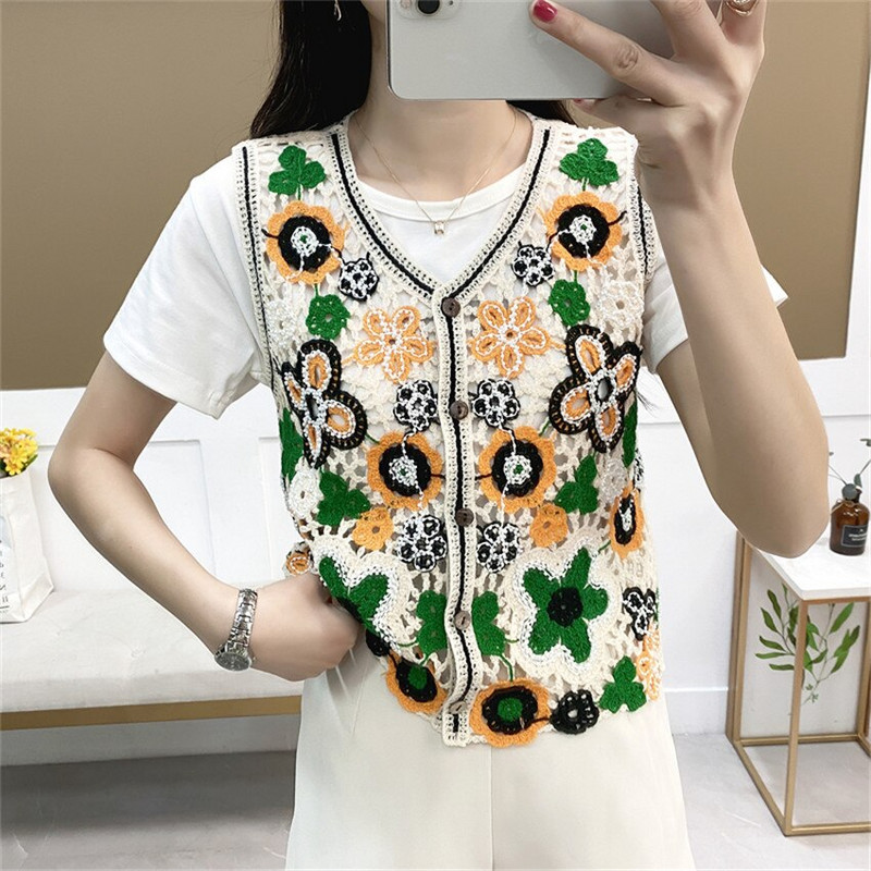 Sieviešu V-veida kakla izgriezums ar vienrindu izšuvumu trikotāžas džemperis veste īsa veste bez piedurknēm jaka Boho vintage Outwear Crop Top