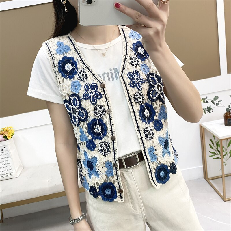 Sieviešu V-veida kakla izgriezums ar vienrindu izšuvumu trikotāžas džemperis veste īsa veste bez piedurknēm jaka Boho vintage Outwear Crop Top